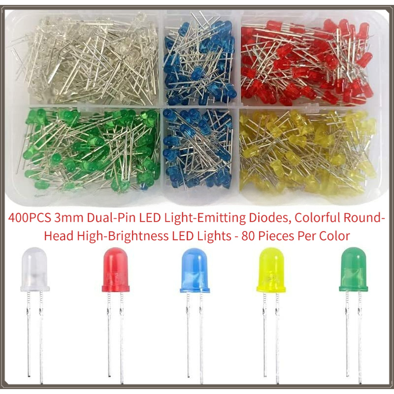 R/Diy Electronics - 400個の3mmデュアルピンLEDダイオード | カラフルな丸頭高輝度 | DIY/電子機器用の各色LEDライト80個