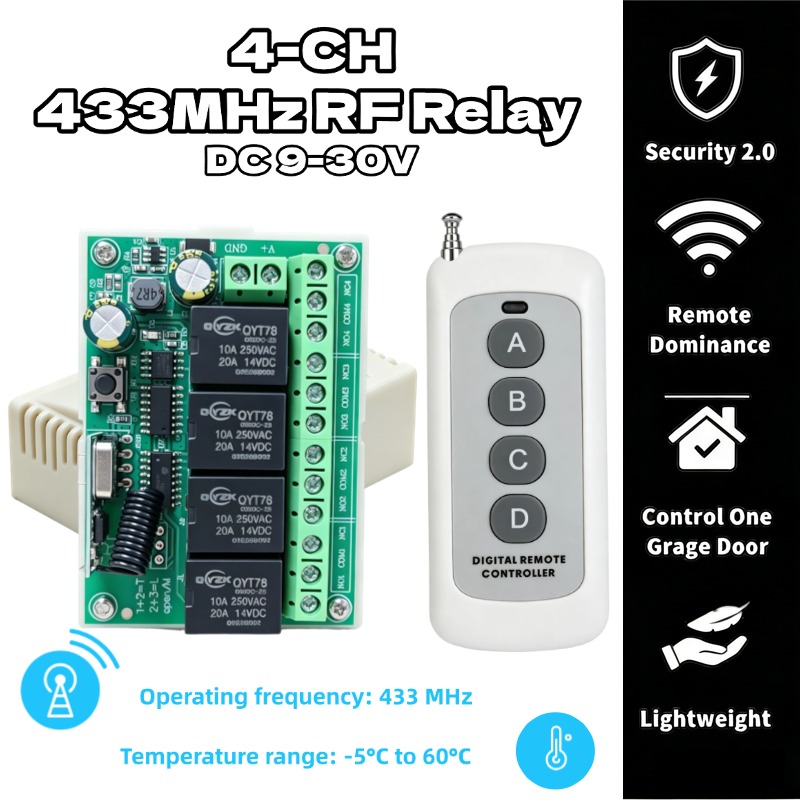 Rf 433Mhz Module - ユニバーサルワイヤレスリモコンスイッチDC 12V 4CHリレーレシーバーモジュール、4チャンネルRF 433MHz送信機付き
